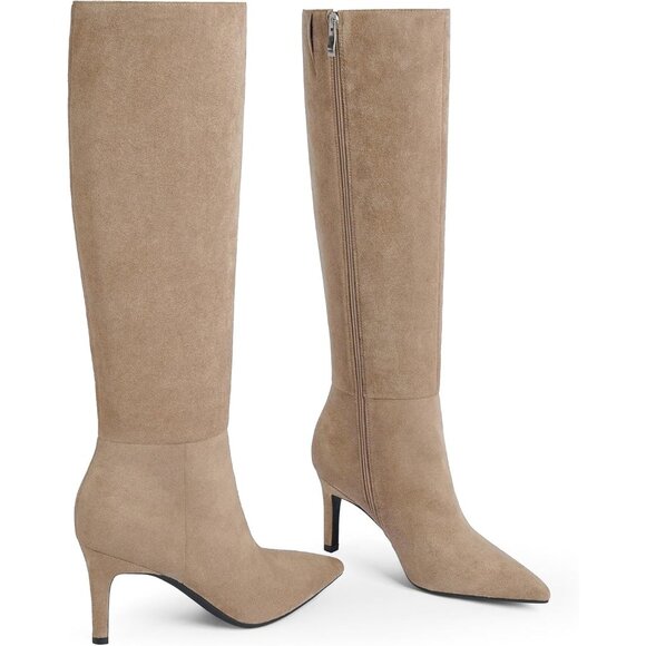 Women Tan Faux Leather Pointed Toe Tall Stiletto High Heel Zipper Dress Boots - Picture 3 of 7